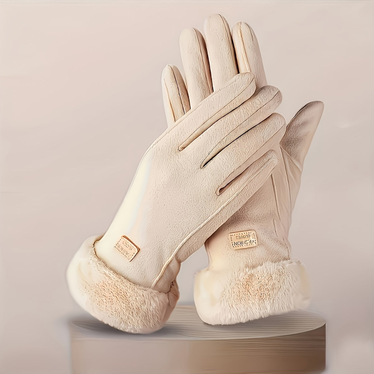 Women'S Beige Touchscreen Gloves - Thick Warm Plush Lined Full Finger Mittens for Winter, Knitted Polyester, Non-Stretch, Hand Washable, Ideal for Going Out